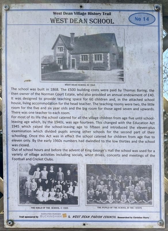 West Dean School Marker. Click for full size. West Dean School Marker image. Click for full size.