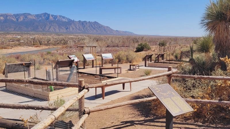 The view of the markers with the Rio Grande and Sandia Mountains. Click for full size. The view of the markers with the Rio Grande and Sandia Mountains image. Click for full size.