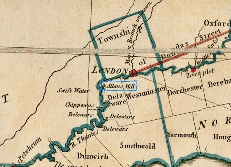 Map of Upper Canada, 1800, highlighting Allan�s Mills in Delaware Township image. Click for full size.