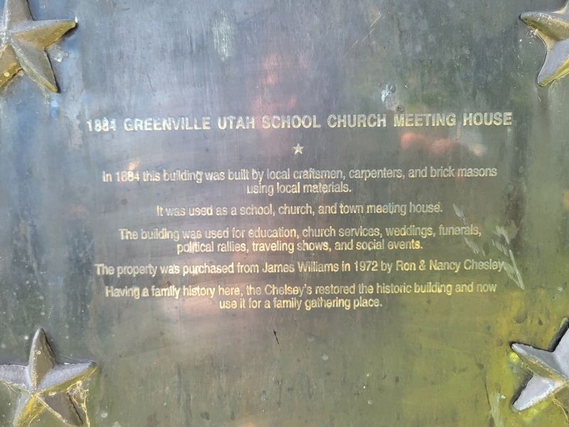 1884 Greenville Utah School Church Meeting House Marker. Click for full size. 1884 Greenville Utah School Church Meeting House Marker image. Click for full size.