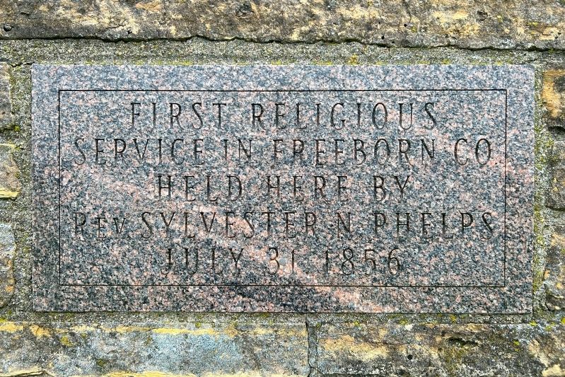 First Religious Service in Freeborn County Marker. Click for full size. First Religious Service in Freeborn County Marker image. Click for full size.