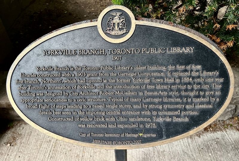 Yorkville Branch, Toronto Public Library Marker image. Click for full size.