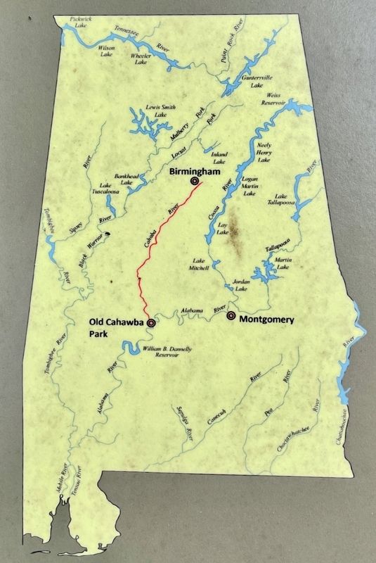 Map showing the Cahaba River's length in Alabama (from marker). image. Click for full size.