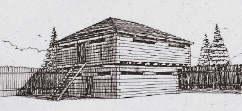 Marker detail: Artist's rendition of the Blockhouse<br>Drawing by Barry Russell image. Click for full size.