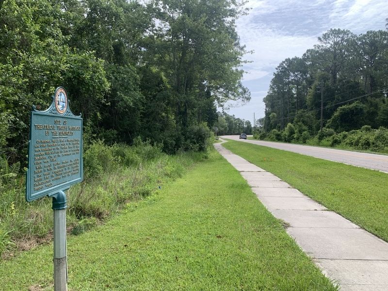Site of Theatrical Troupe Massacre by the Seminoles Marker. Click for full size. Site of Theatrical Troupe Massacre by the Seminoles Marker image. Click for full size.