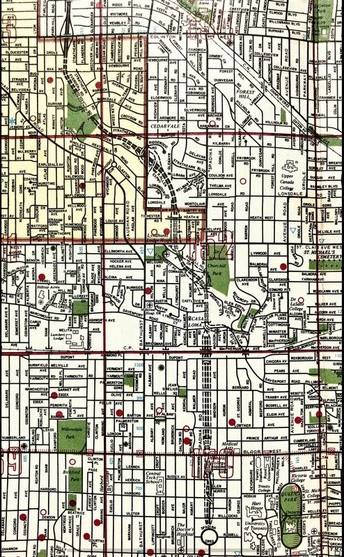 Early 1970s road map of Toronto showing (dotted lines) the never built Spadina Expressway. Click for full size. Early 1970s road map of Toronto showing (dotted lines) the never built Spadina Expressway image. Click for full size.