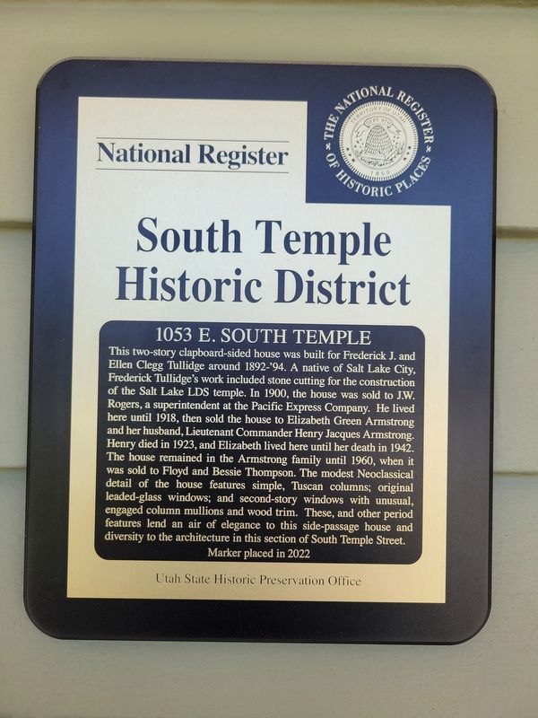 1053 E. South Temple Marker image. Click for full size.