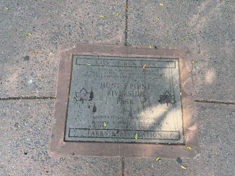 Dedication plaque for Hunt's Point Riverside Park from NYC Parks. Click for full size. Dedication plaque for Hunt's Point Riverside Park from NYC Parks image. Click for full size.