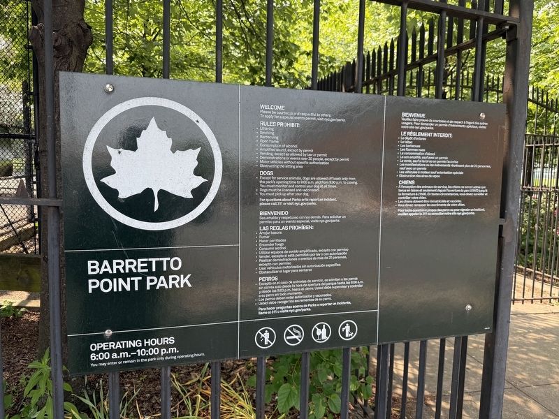 NYC Parks signage for Barretto Point Park. Click for full size. NYC Parks signage for Barretto Point Park image. Click for full size.
