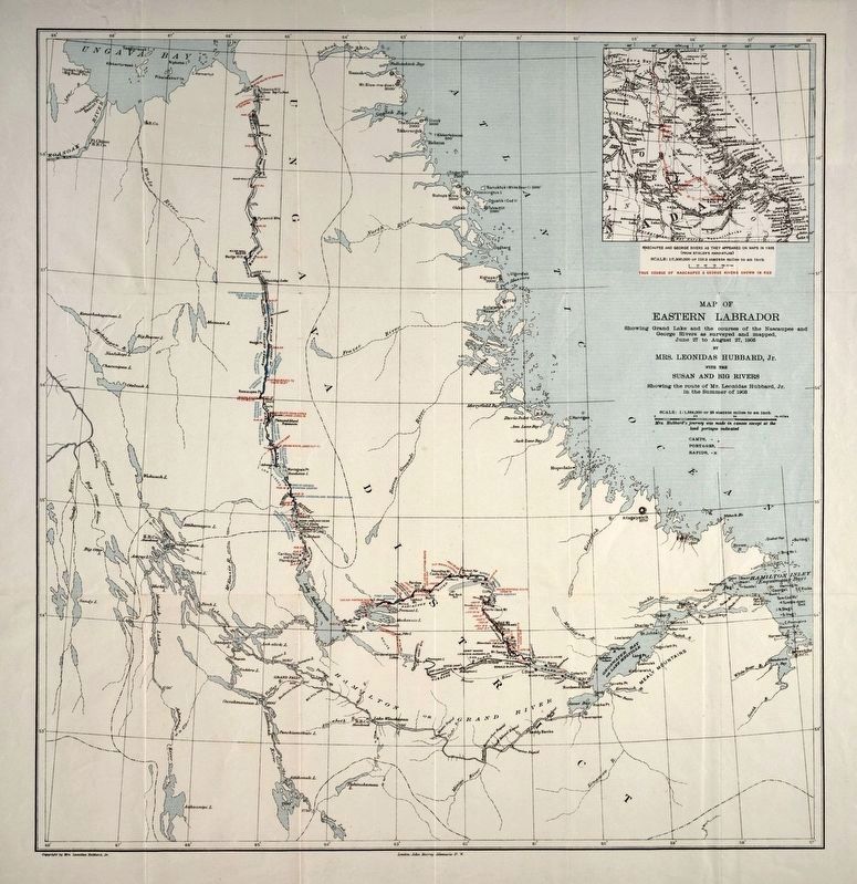 Map created by Mina Benson Hubbard in 1908 flowing her expedition to Labrador. Click for full size. Map created by Mina Benson Hubbard in 1908 flowing her expedition to Labrador image. Click for full size.