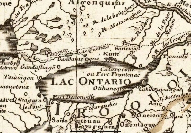 Map of New France, 1708, showing ‘Gandarasqué’ (centre), the location of Port Hope. Click for full size. Map of New France, 1708, showing ‘Gandarasqué’ (centre), the location of Port Hope image. Click for full size.