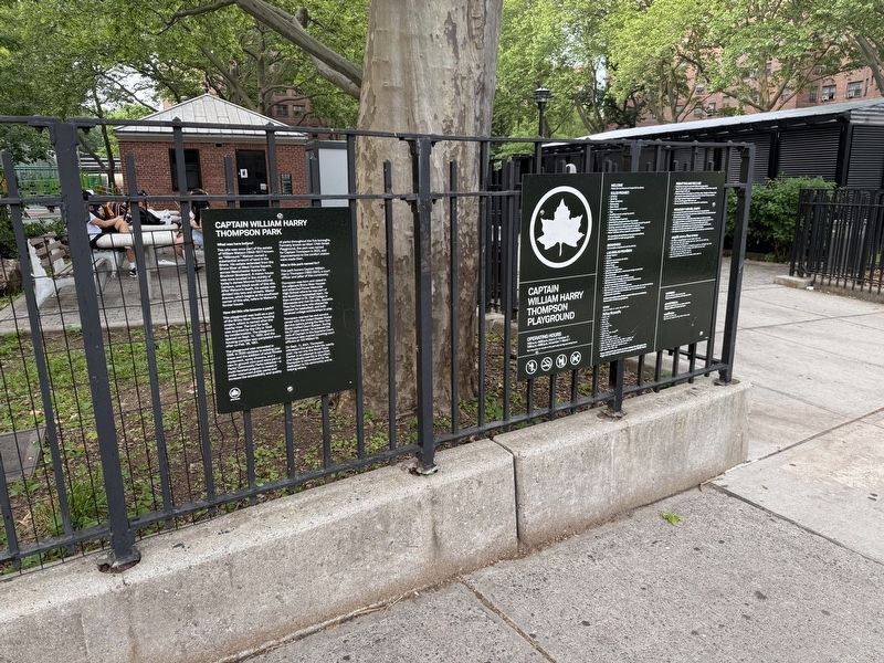 Captain William Harry Thompson Park Marker on the fencing to the park image. Click for full size.