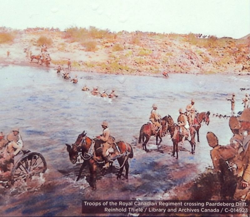 Marker detail: Troops of the Royal Canadian Regiment crossing Paardeberg Drift image. Click for full size.