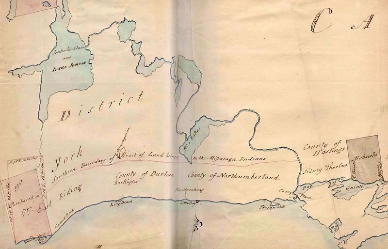 Map ca 1790s, showing the Bay of Quinte Carrying Place and early Indigenous land surrenders image. Click for more information.
