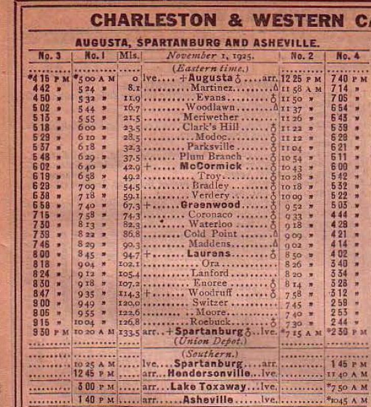 Charleston & Western Carolina Railway Timetable Nov. 1 1925. Click for full size. Charleston & Western Carolina Railway Timetable Nov. 1 1925 image. Click for full size.