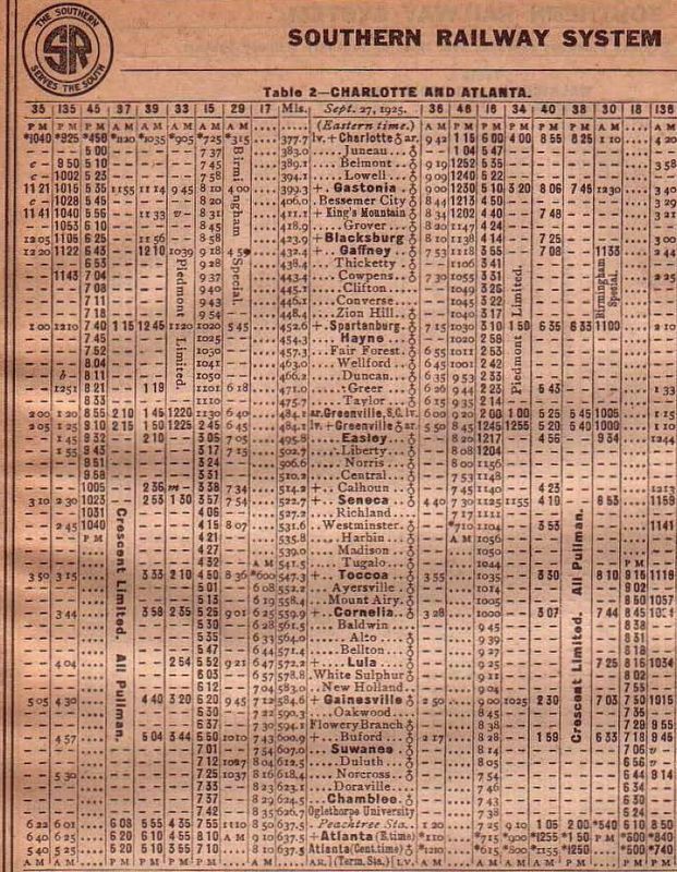Southern Railway Charlotte to Atlanta Timetable, Sept. 27, 1925. Click for full size. Southern Railway Charlotte to Atlanta Timetable, Sept. 27, 1925 image. Click for full size.