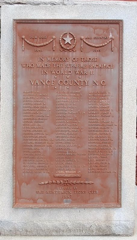 Vance County World War II Memorial Marker. Click for full size. Vance County World War II Memorial Marker image. Click for full size.