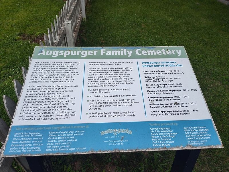 Augspurger Family Cemetery Marker. Click for full size. Augspurger Family Cemetery Marker image. Click for full size.