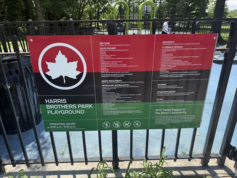 NYC Parks signage Harris Brothers Park Playground. Click for full size. NYC Parks signage Harris Brothers Park Playground image. Click for full size.