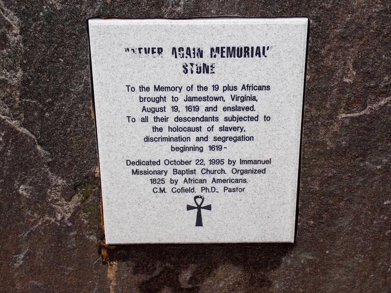 "Never Again Memorial" Stone Marker image. Click for full size.