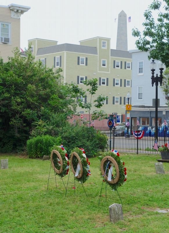 Placement of the Rail Fence Marker in the Bunker Hill Burying Ground image. Click for full size.