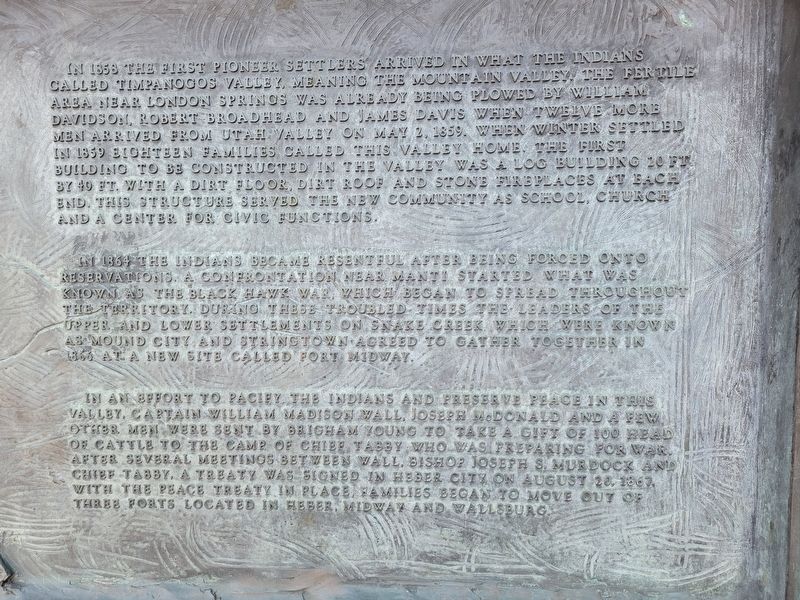 First Pioneer Settlers in Timpanogos Valley Marker. Click for full size. First Pioneer Settlers in Timpanogos Valley Marker image. Click for full size.