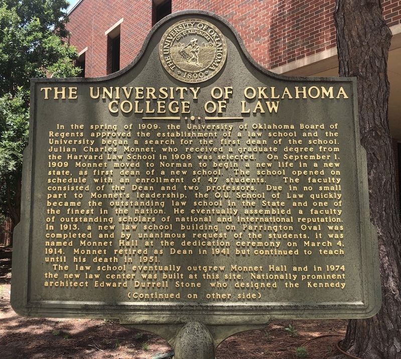 The University of Oklahoma College of Law Marker, Side One. Click for full size. The University of Oklahoma College of Law Marker, Side One image. Click for full size.