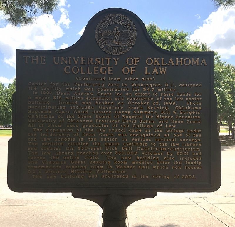 The University of Oklahoma College of Law Marker, Side Two. Click for full size. The University of Oklahoma College of Law Marker, Side Two image. Click for full size.