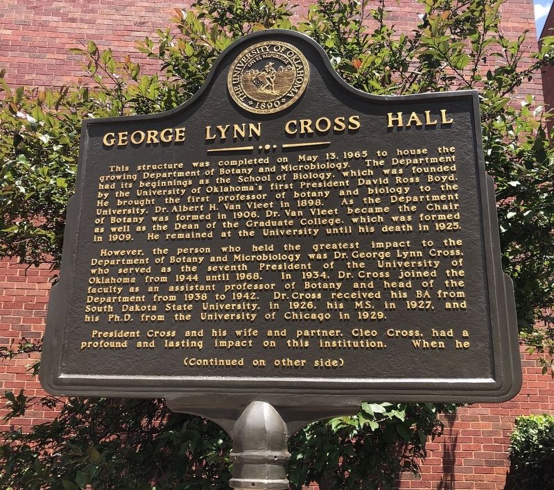 George Lynn Cross Hall Marker, Side One. Click for full size. George Lynn Cross Hall Marker, Side One image. Click for full size.