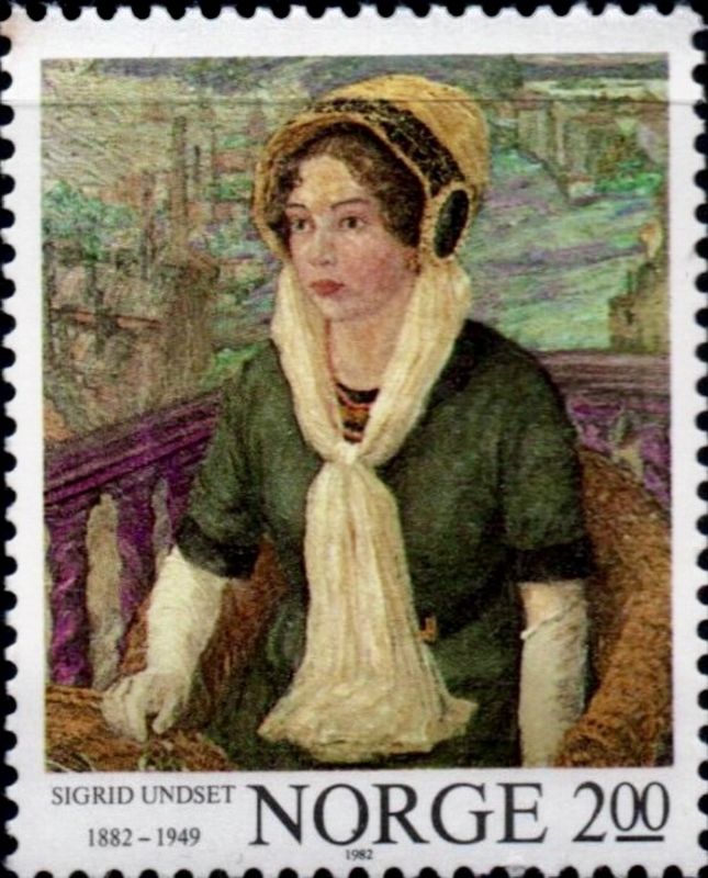 Norwegian postage stamp with a painted portrait of Sigrid Undset. Click for full size. Norwegian postage stamp with a painted portrait of Sigrid Undset image. Click for full size.