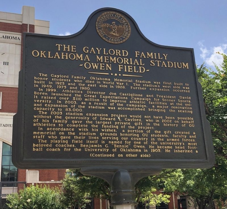 The Gaylord Family Oklahoma Memorial Stadium Marker, Side One image. Click for full size.