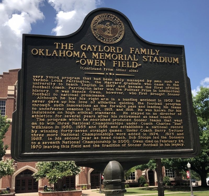 The Gaylord Family Oklahoma Memorial Stadium Marker, Side Two image. Click for full size.
