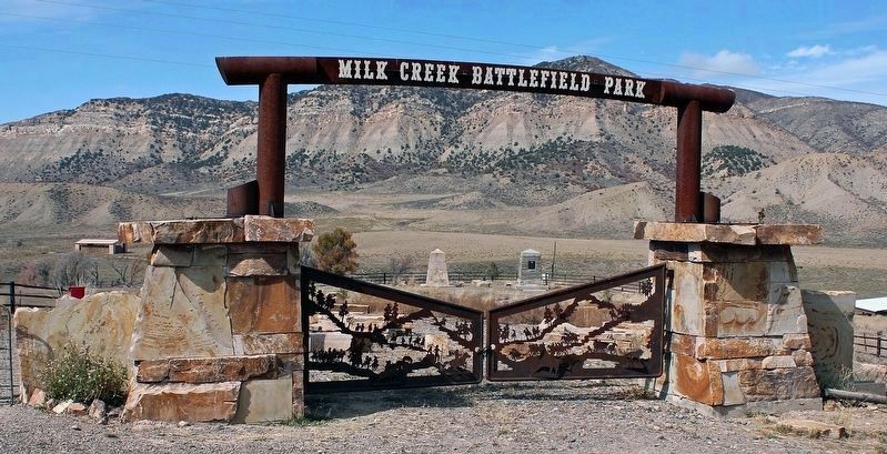 Milk Creek Battlefield Park Gate and Marker image. Click for full size.