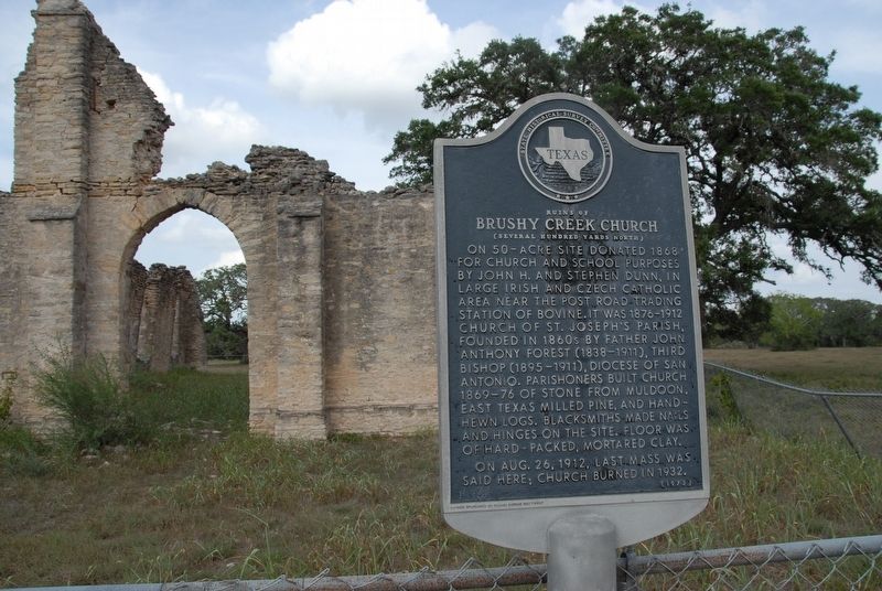 Ruins of Brushy Creek Church Marker with Church in Background.. Click for full size. Ruins of Brushy Creek Church Marker with Church in Background. image. Click for full size.