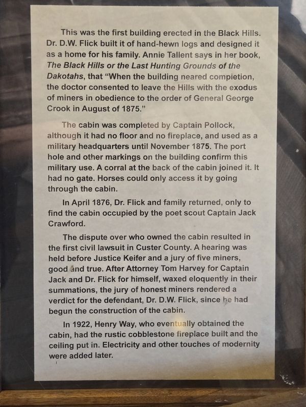 A history of Dr. Flick Cabin inside the structure image. Click for full size.