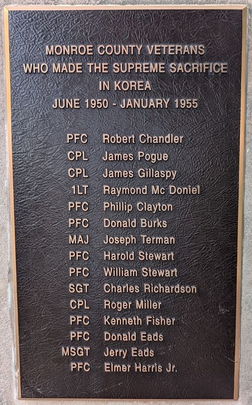 Monroe County Korean War Memorial Marker. Click for full size. Monroe County Korean War Memorial Marker image. Click for full size.