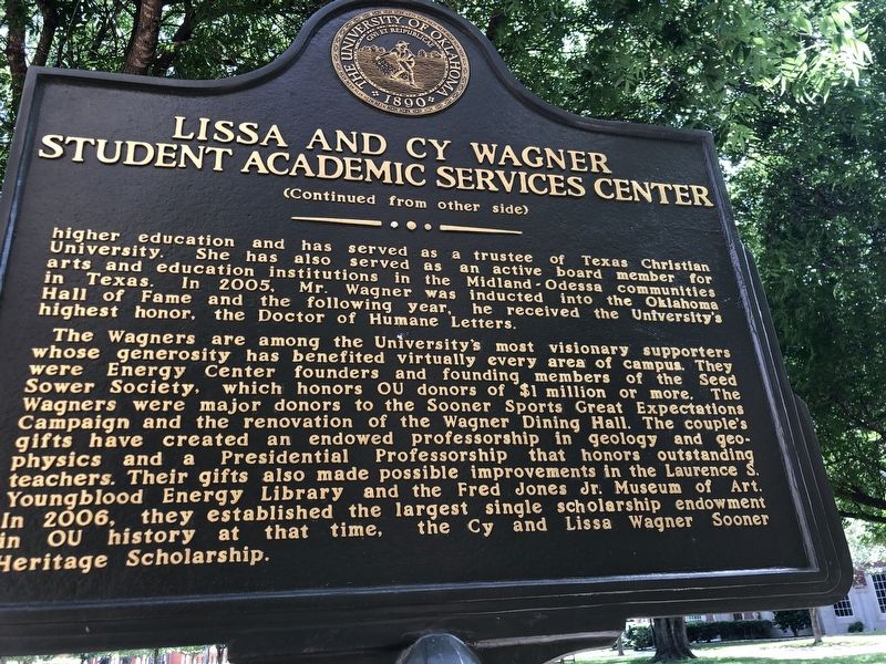 Lissa and Cy Wagner Student Academic Services Center Marker, Side Two. Click for full size. Lissa and Cy Wagner Student Academic Services Center Marker, Side Two image. Click for full size.