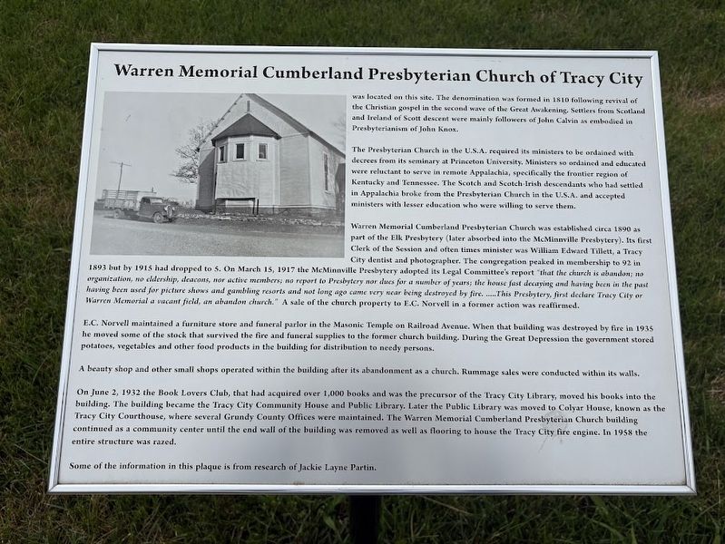 Warren Memorial Cumberland Presbyterian Church of Tracy City Marker image. Click for full size.
