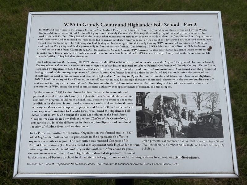WPA in Grundy County and Highlander Folk School - Part 2 Marker image. Click for full size.