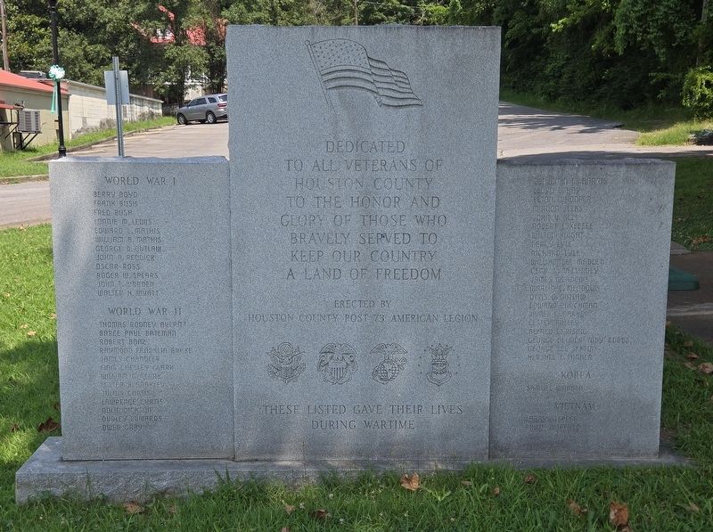 Dedicated to All Veterans of Houston County Marker, Side One. Click for full size. Dedicated to All Veterans of Houston County Marker, Side One image. Click for full size.