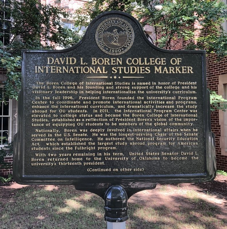 David L. Boren College of International Studies Marker Marker. Click for full size. David L. Boren College of International Studies Marker Marker image. Click for full size.