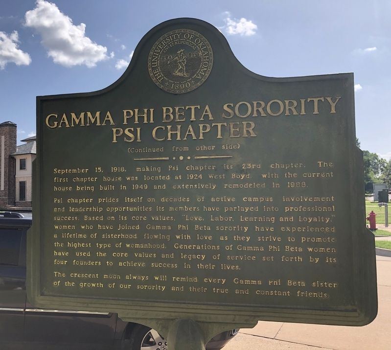 Gamma Phi Beta Sorority Psi Chapter Marker, Side Two. Click for full size. Gamma Phi Beta Sorority Psi Chapter Marker, Side Two image. Click for full size.