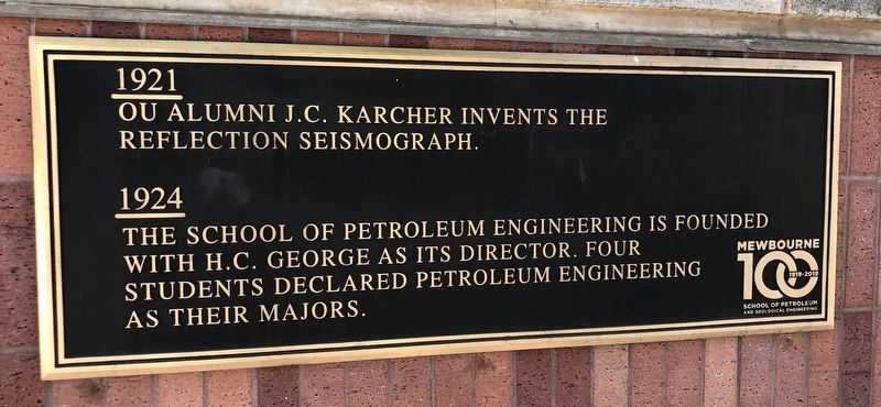 Mewbourne School of Petroleum and Geological Engineering Centennial Timeline Marker (#5). Click for full size. Mewbourne School of Petroleum and Geological Engineering Centennial Timeline Marker (#5) image. Click for full size.