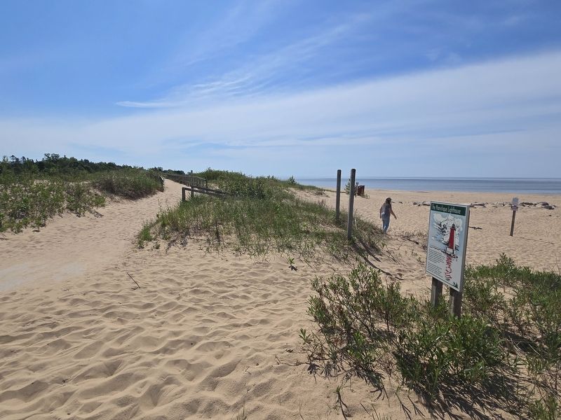 The Manistique Lighthouse Marker along the boardwalk trail from the parking lot. Click for full size. The Manistique Lighthouse Marker along the boardwalk trail from the parking lot image. Click for full size.