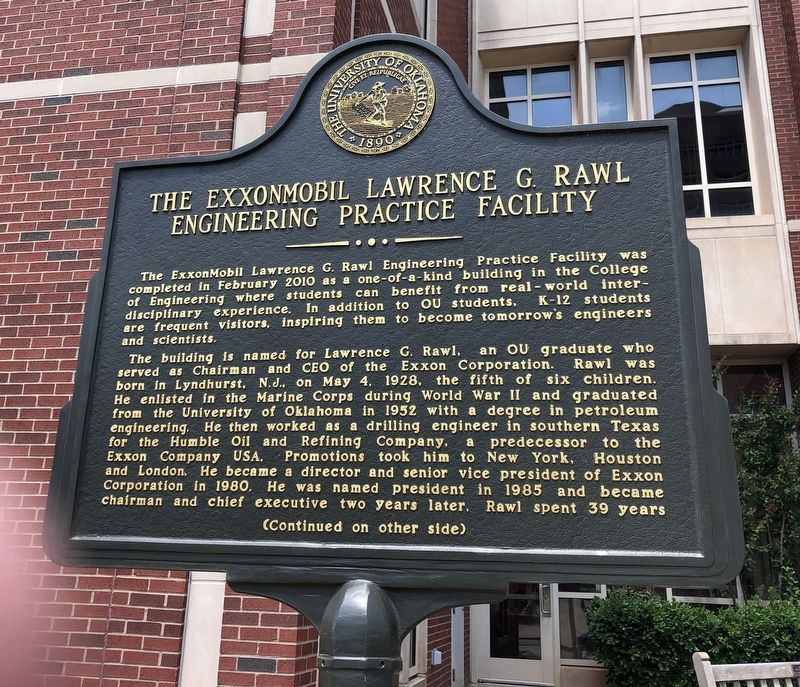 The ExxonMobil Lawrence G. Rawl Engineering Practice Facility Marker, Side One. Click for full size. The ExxonMobil Lawrence G. Rawl Engineering Practice Facility Marker, Side One image. Click for full size.