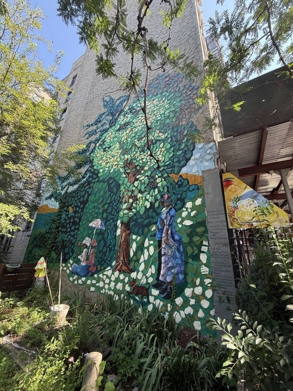 Mural in the garden - <i>Homage to Seurat La Grande Jatte in Harlem</i> by Eva Cockcroft image. Click for full size.