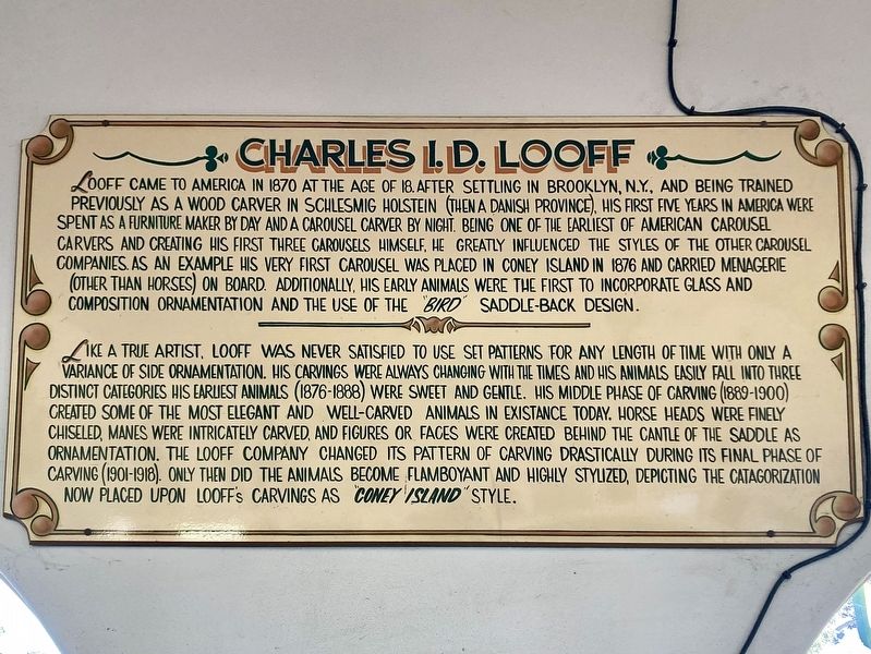Charles I.D. Looff Marker - Indoors image. Click for full size.