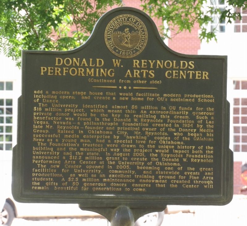 Donald W. Reynolds Performing Arts Center Marker, Side Two. Click for full size. Donald W. Reynolds Performing Arts Center Marker, Side Two image. Click for full size.