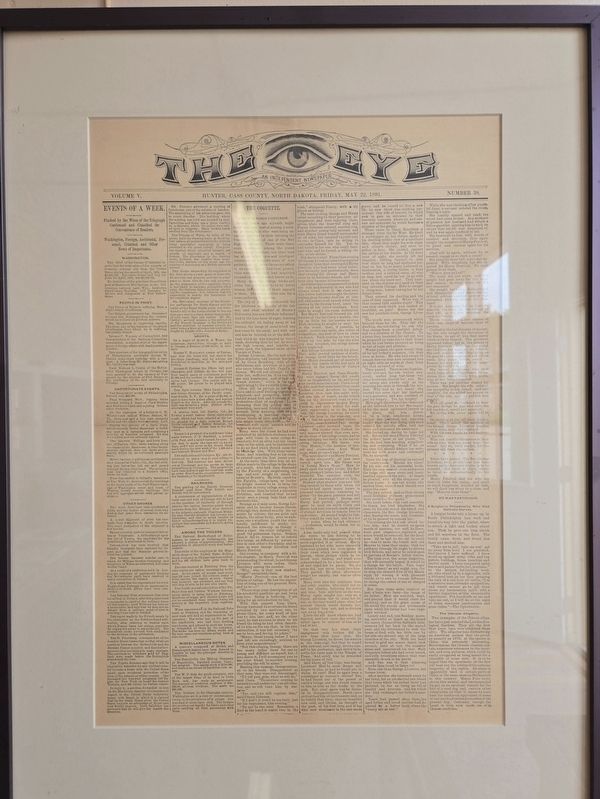Framed Copy of "The Eye" of Hunter, ND published May 22, 1891 image. Click for full size.