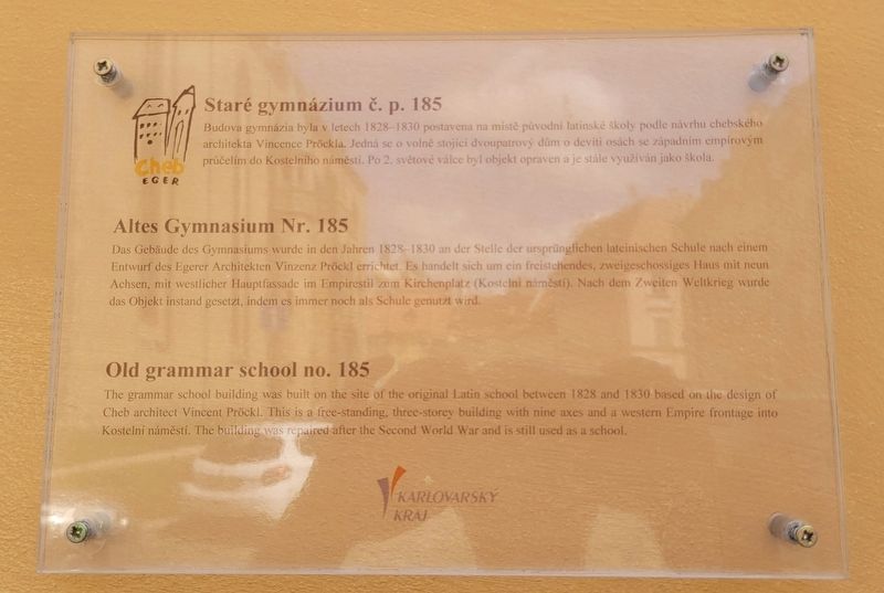 Staré gymnázium č. p. 185 / Old grammar school no. 185 Marker. Click for full size. Staré gymnázium č. p. 185 / Old grammar school no. 185 Marker image. Click for full size.